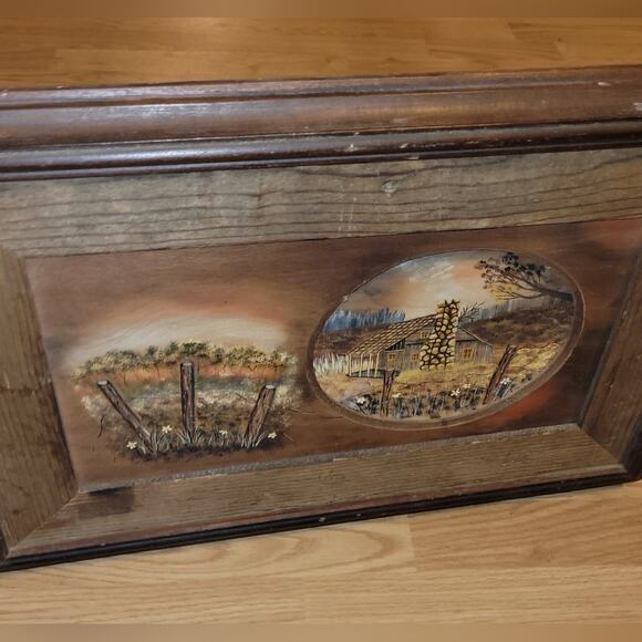 Vtg 70 Rustic Carved Framed Cabin Farmhouse Landscape Artist Signed Oil Painting - Picture 8 of 8